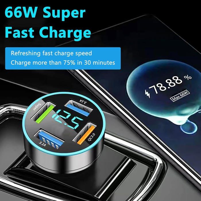 Chargeur Allume-cigare LustLocke 4-en-1 USB-C 66W - Recharge Rapide PD 30W Et QC 3.0, Câble Rétractable 80 Cm, éclairage D'ambiance Pour Voiture - 5