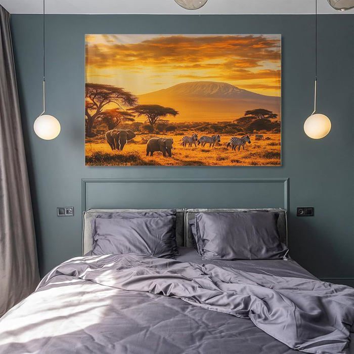Tableau Sur Toile Grand Format Éléphants & Zèbres Savane Africaine - 80x160 Cm Sans Cadre, Décoration Murale Moderne Salon Chambre