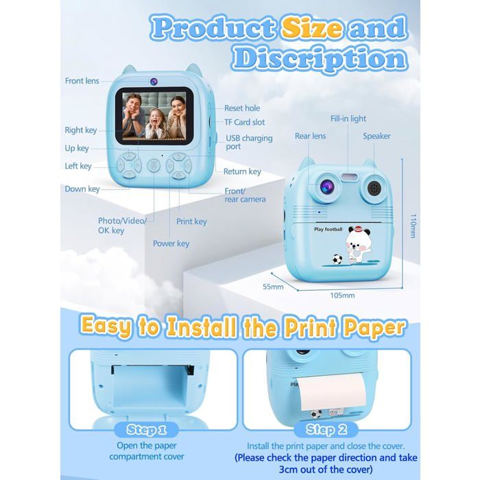 Appareil Photo Instantané Enfant, 1080P HD Vidéo Selfie Caméra Enfant pour Enfants avec Carte de Appareil Photo Instantané Enfant, 1080P HD Vidéo Selfie Caméra Enfant pour Enfants avec Carte de