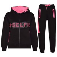Survêtement à capuche pour filles avec impression Selfie - Noir & rose fluo - Manches longues - Multisport