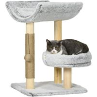 Arbre à chat griffoir chanvre naturel panier plateforme d'observation jeu boule bois panneaux peluche gris