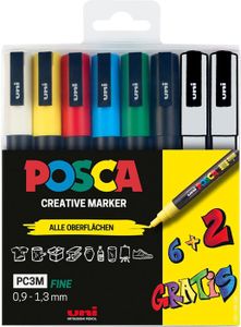 MARQUEUR uni-ball 186825 - POSCA Marker Set, étui de 8 stylos acryliques PC-3M, 0.9 - 1.3 mm, 6 couleurs standard + 2 couleurs.[G79]