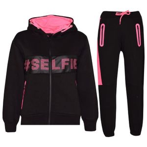 SURVÊTEMENT Survêtement à capuche pour filles avec impression Selfie - Noir & rose fluo - Manches longues - Multisport