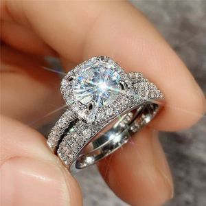 ALLIANCE - SOLITAIRE 2 Pièces Bague en argent sterling 925 CZ Crystal Bagues de fiançaille Ring Bagues de mariage en pour femmes Taille 59