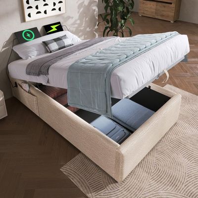 Lit Coffre 90x200 Cm Avec Sommier Hydraulique - Porte-gobelet Caché Et Station Charge USB - Sans Matelas, Tissu Lin