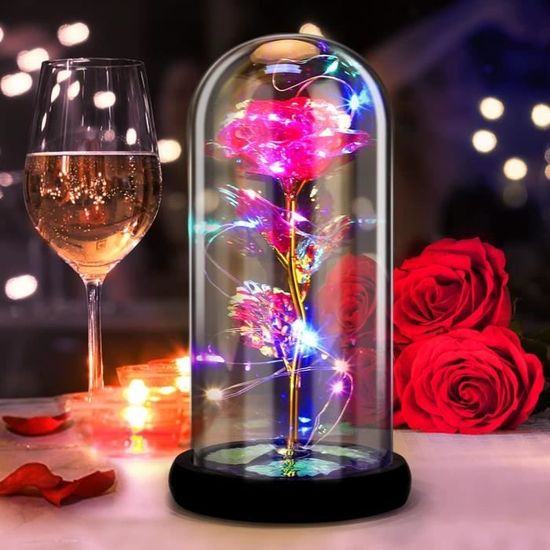 Fleur Eternelle Sous Cloche Verre,Rose En Verre Avec Lumière, Cadeau Fleur Eternelle Sous Cloche Verre,Rose En Verre Avec Lumière, Cadeau
