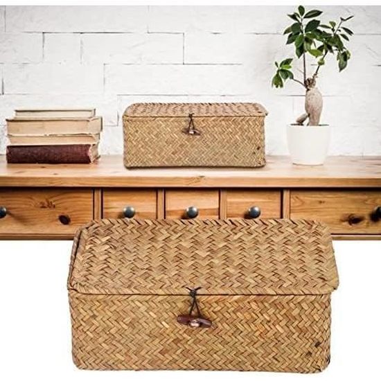 AUNMAS Panier De Rangement En Jonc De Mer Avec Couvercle - Panier Rectangulaire Tissé Naturel Pour Chambre, Salon Et Salle De Bain (M)