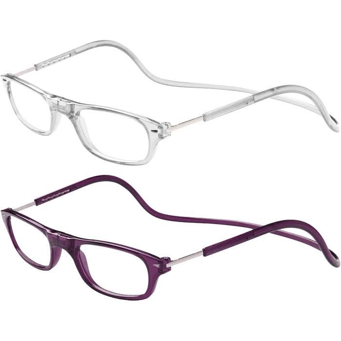 Pack: Lunettes de Vue Lecture Presbyte - (Deux Unités) Dioptrie +2.00 Monture Transparent et Violet Foncé Femme Homme Aimant Fermetu