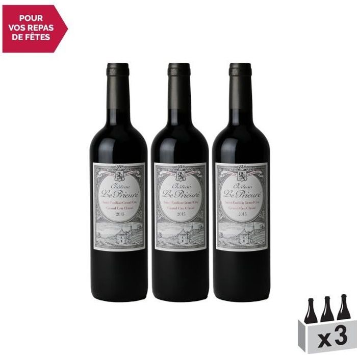 Château Le Prieuré Rouge 2015 - Lot de 3x75cl - Appellation AOC Saint-Emilion grand cru - Vin Rouge de Bordeaux - Cépages Merlot,