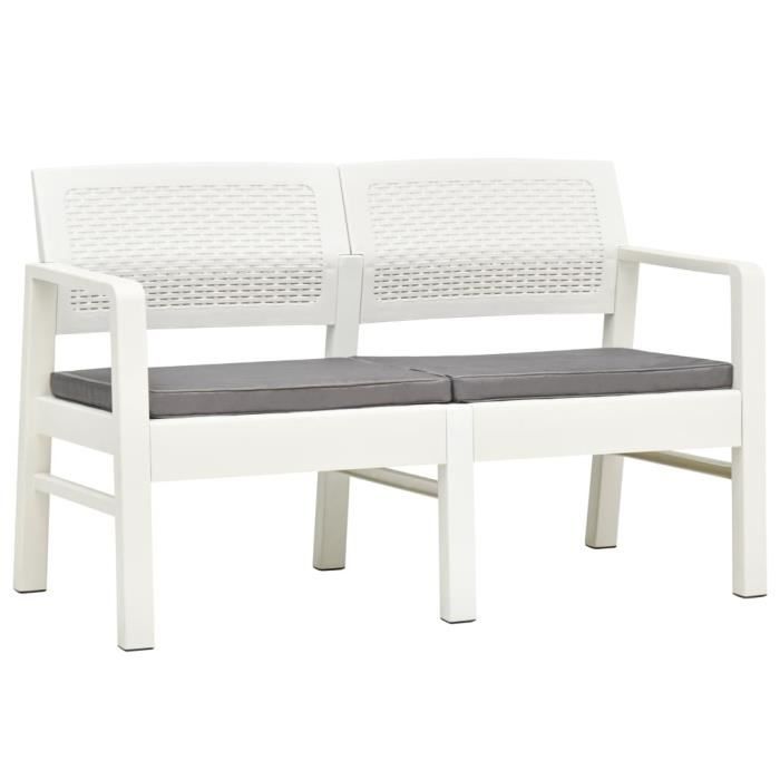 Banc de Jardin Fonte 2-3 Places à l’Extérieur chaise Banquette Terrasse à 2 places et coussins 120 cm Plastique Blanc