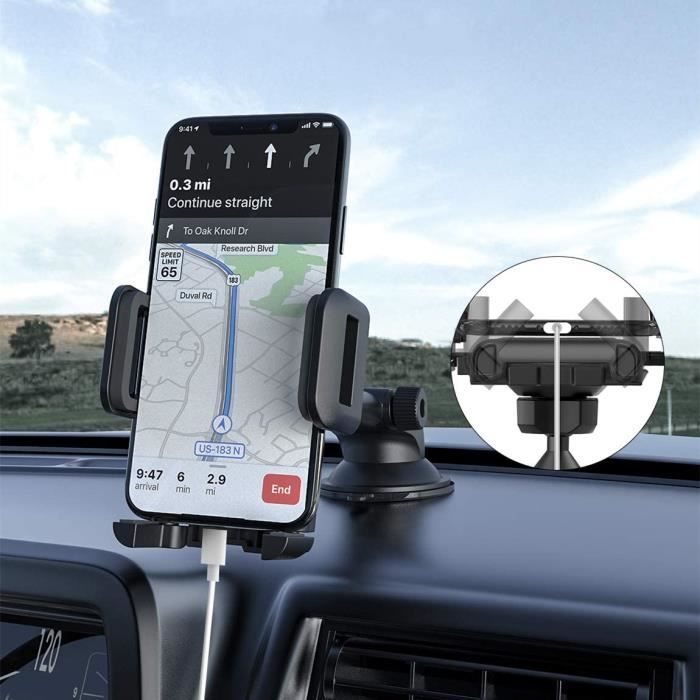 Support Téléphone Voiture Ventouse pour Tableau de Bord Pare-Brise Rotation 360° Bras Prolongé