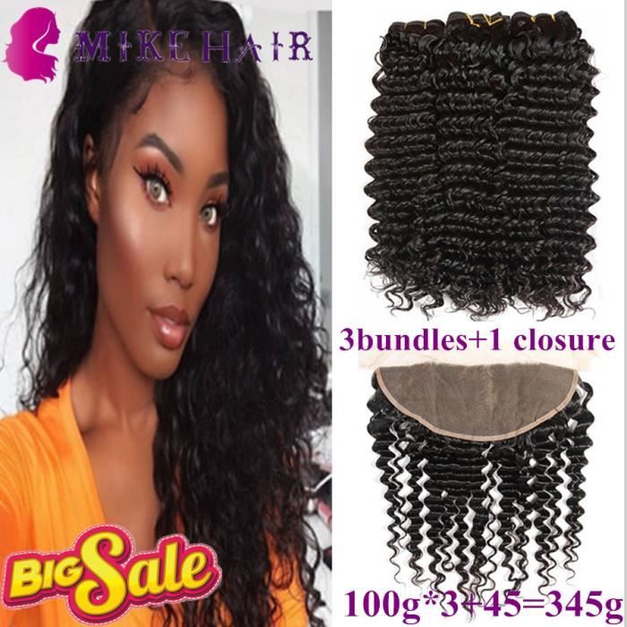 (20 20 20+16''closure)bouclé profond 3 paquets avec frontale Remy paquets de cheveux humains avec 13x4 dentelle frontale malaise