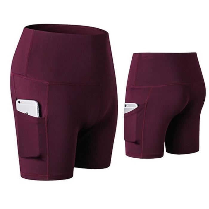 Femmes Pantalon à Trois Points Shorts Sport Legging PRO Fitness Sec Rapide Taille Haute Élasticité Musculation avec Poches Rouge