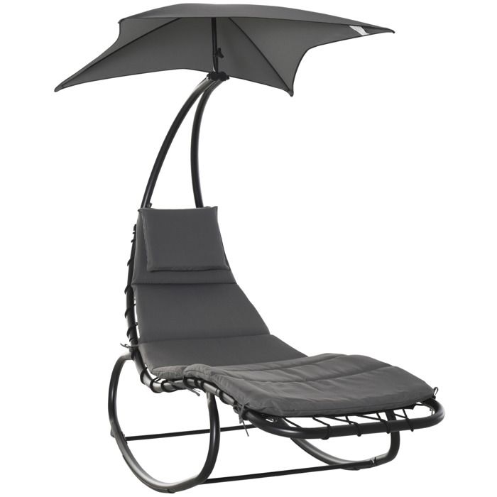 Bain de soleil transat à bascule design contemporain avec pare-soleil matelas grand confort tétière métal époxy noir polyester gris