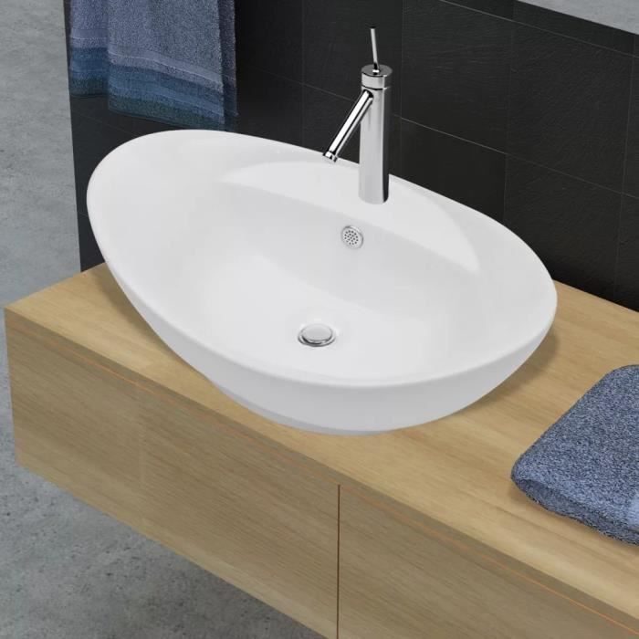 Lavabo ovale en céramique Vasque à Poser avec trou de robinet-Blanc