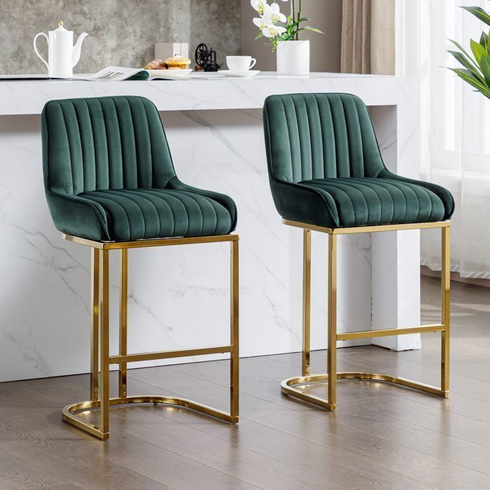 Wahson Chaise de Bar en Velours Chaise Bar Pied Doré Tabouret Bar Lot de 2 Tabouret de Bar avec Coussin Épais Vert