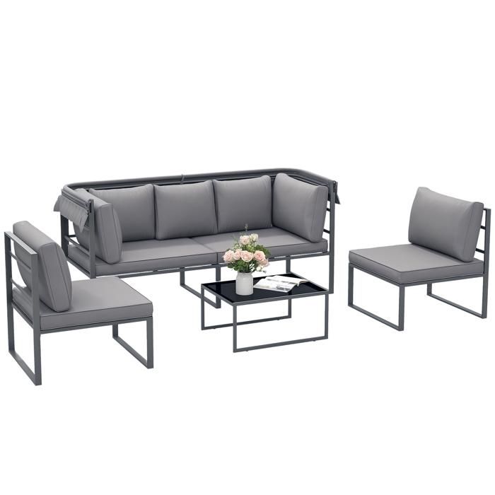 Outsunny Lit Canapé De Jardin Modulable Grand Confort Avec Pare-Soleil Pliable, 4 Coussins Et 3 Oreillers - 171L X 180l X 155H Cm - Métal & Résine Tressée Noir Beige