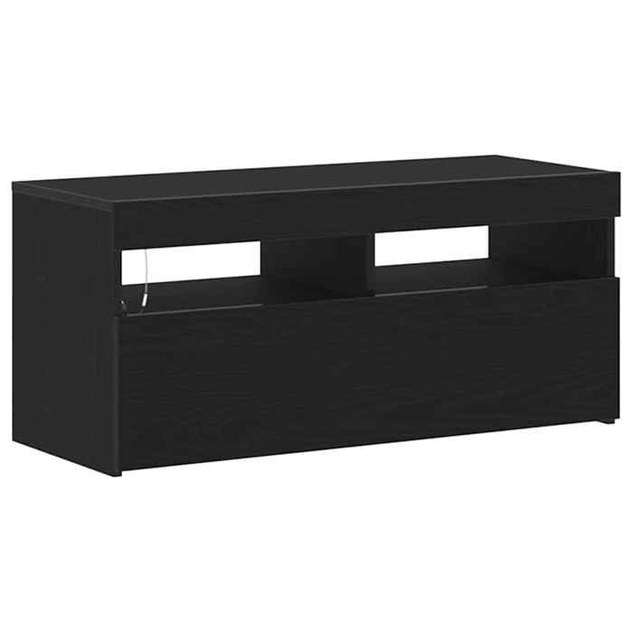 Meuble TV en bois dingénierie - WIENS - Chêne noir - 90x35x40 cm - 2 portes - Bandes LED intégrées