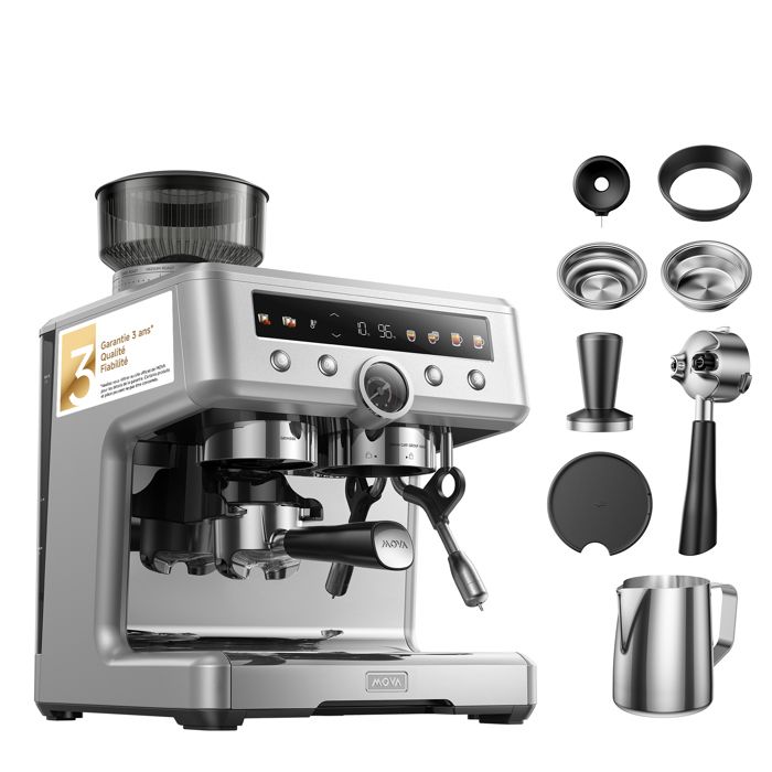 MOVA S20 Pro – Machine à Espresso 20 Bars avec Broyeur Double Boiler & Double Pompe Mousseur à Lait Coloris Argent - Mova