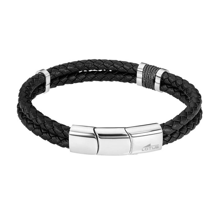 Bracelet homme - LOTUS - Style - cuir noir tressé - acier inoxydable - longueur 225 cm