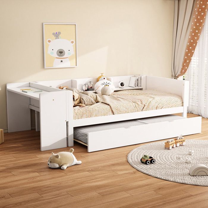 Lit de jour extensible 90 x 200 cm avec lit gigogne 90 x 190 cm lit simple avec bureau et étagère ouverte (sans matelas) blanc