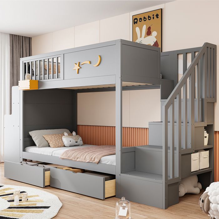 Lit superposé enfant - MERAX - 90x200 avec bureau et escalier rangement - Bois massif - Tiroirs - Motif étoile
