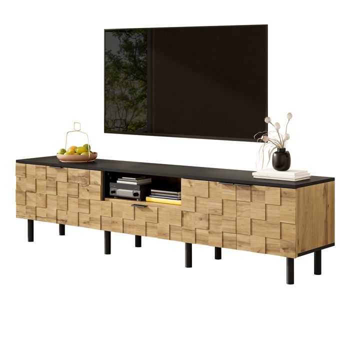 Meuble TV en mosaique - meuble TV Lowboard - 2 portes + 2 tiroirmultimédia de salonagglomérépieds en métal compartiment ouvert