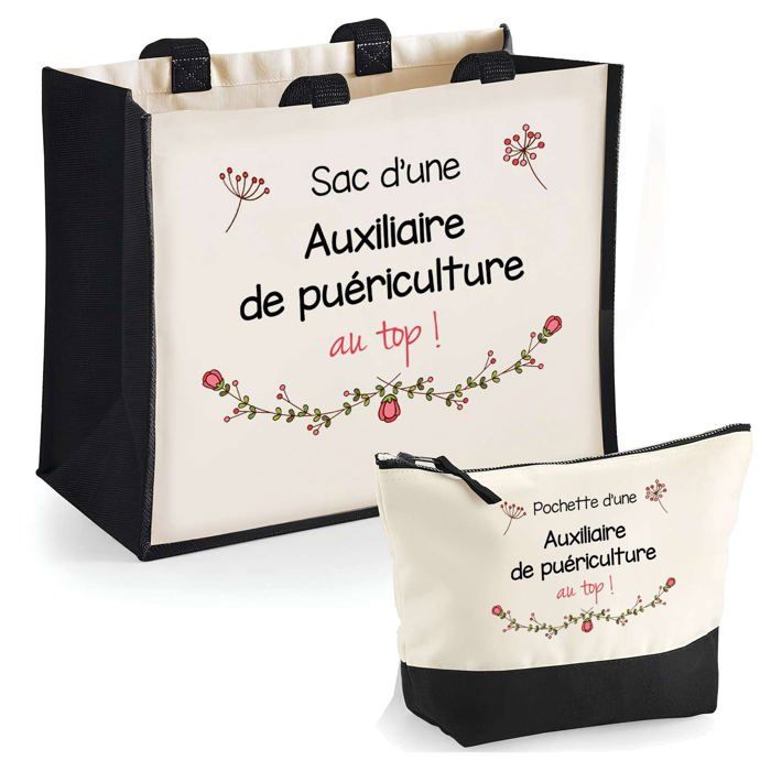 Duo cabas jute et trousse Auxiliaire de Puériculture au top Cadeau Anniversaire Noël  Sac de courses Pochette Maquillage Shopping