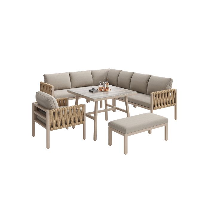 Salon de jardin dangle en corde tressée avec table en verre 80x80cm et coussins Beige