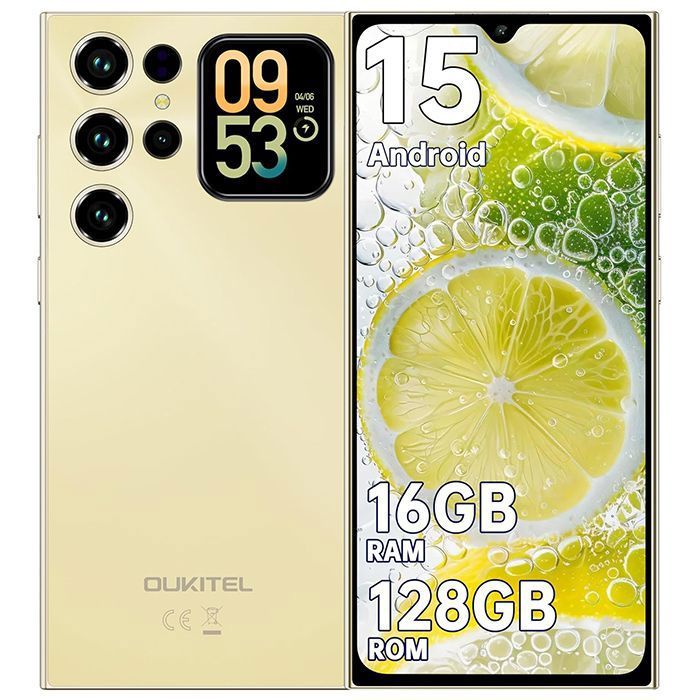 OUKITEL C62 Smartphone 16(4+12) Go + 128Go Avec Écran Arrière Android 15 Telephone Portable 688 HD+ 90Hz 5150mAh GPS/OTG Jaune