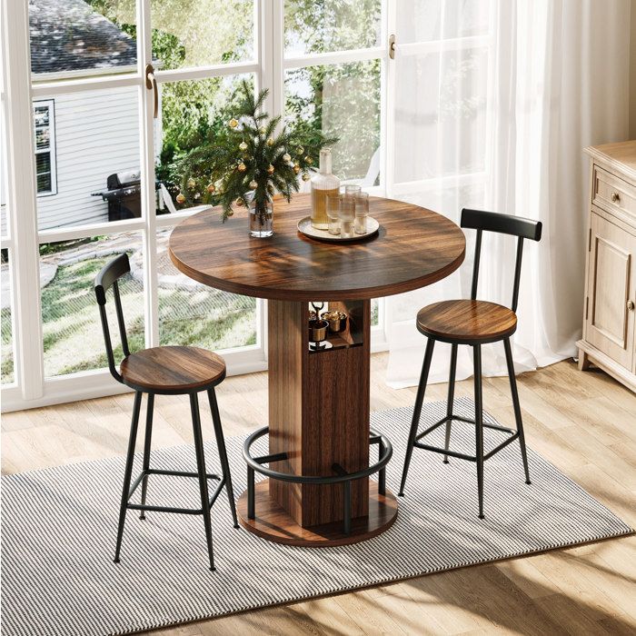 Table haute de bar avec deux tabourets 4 places table ronde 80 cm avec 2 tabourets noyer acier