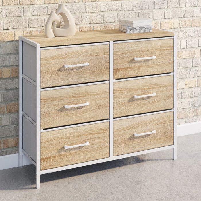 Commode 6 tiroirs en tissu UTAH 80 cm meuble de rangement design industriel bois et blanc Commode 6 tiroirs en tissu UTAH 80 cm meuble de rangement design industriel bois et blanc
