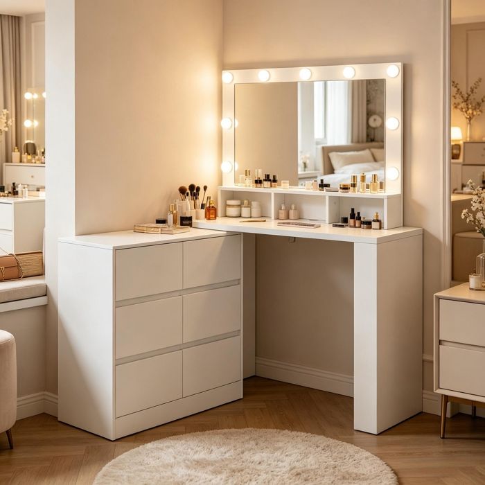 Coiffeuse avec Miroir LED à Luminosité Réglable - Table de Maquillage avec Commode à 6 Grands Tiroirs - Étagère Latérale
