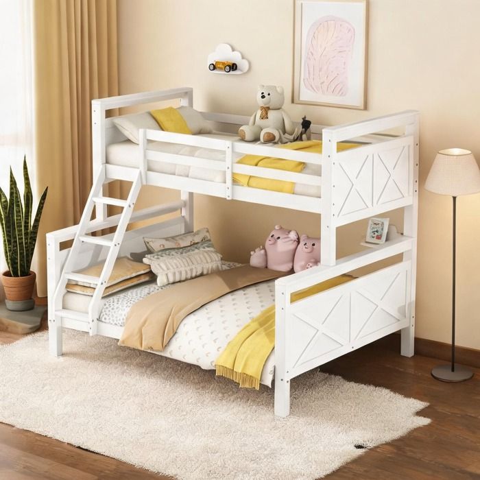 Lit superposé convertible en pin blanc 90/140x200 cm avec échelle et barrières white finish