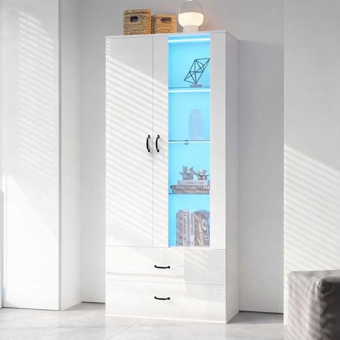 Vitrine haute avec éclairage LED intégré 2 portes panneaux de particules soft white et verre 5 compartiments