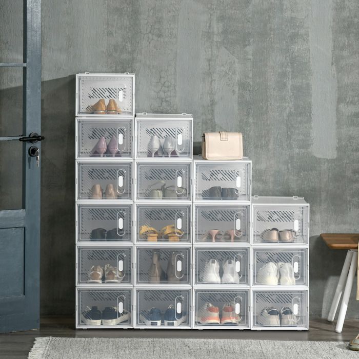 Meuble à chaussures 18 pièces boîtes empilables taille 45 portes magnétiques plastique 28 x 36 x 21 cm