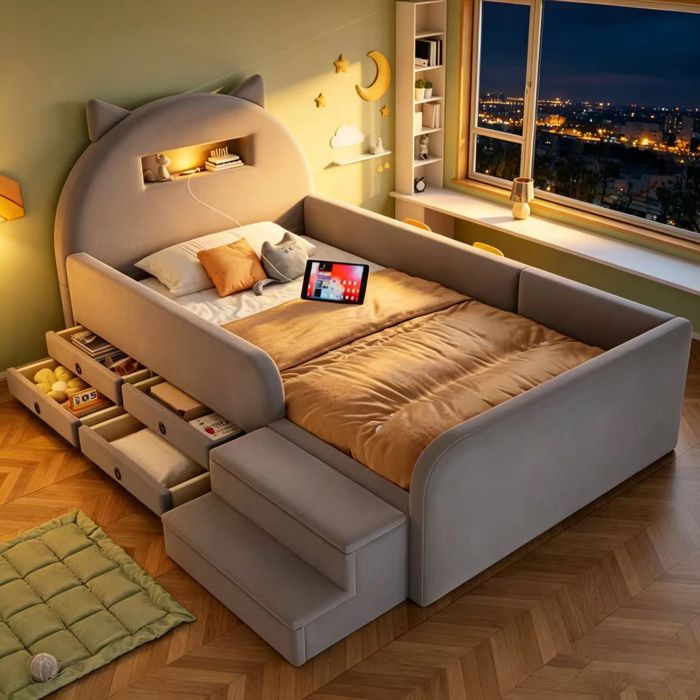 Lit enfant rembourré - PAGE Living - 90x200 oreilles tiroirs LED USB pieds réglables velours gris clair