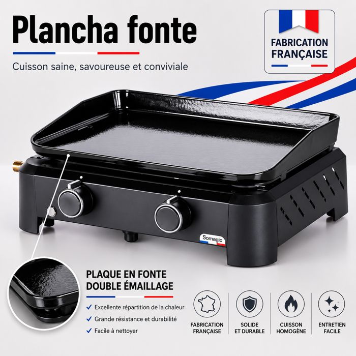 Plancha - SOMAGIC - HENDAYE 200 - 46 x 32 5 cm - 2 brûleurs - Plaque fonte émaillée