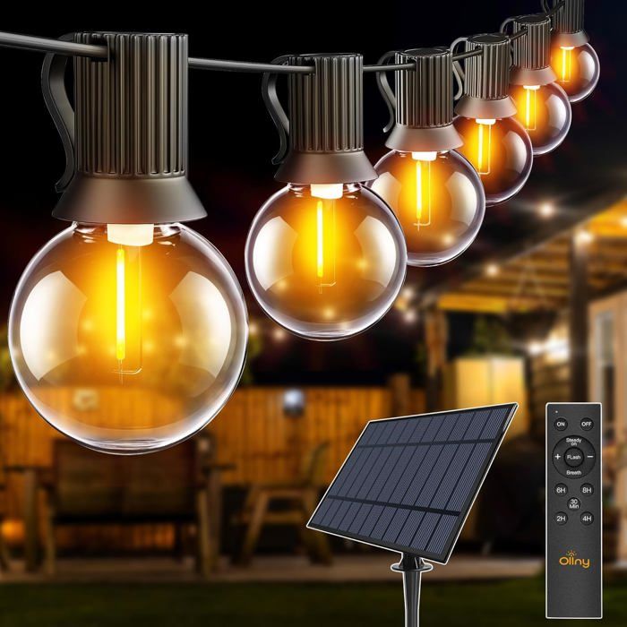 Guirlande Lumineuse Solaire DExtérieur 30 M Avec 50+2 Ampoules Led Éclairage Solaire G40 Avec Télécommande 3 Modes DÉclair[Ji63]
