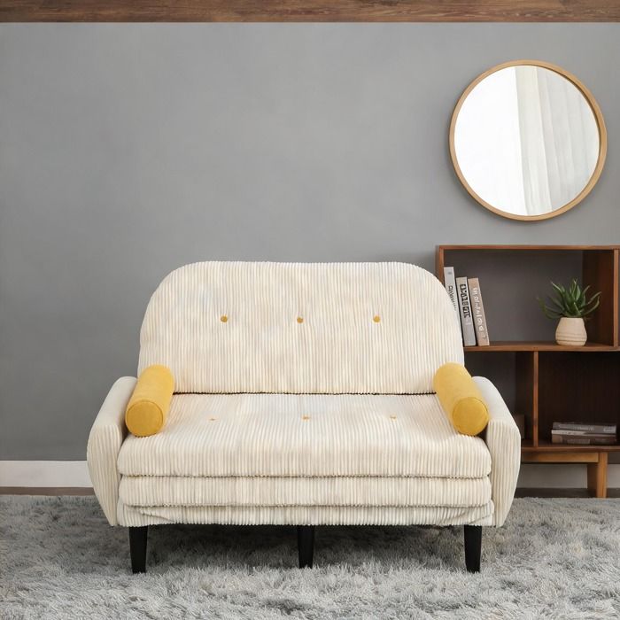 Canapé 2 places modulable avec rangement en velours côtelé beige convertible en lit de jour et fauteuil relax structure métallique