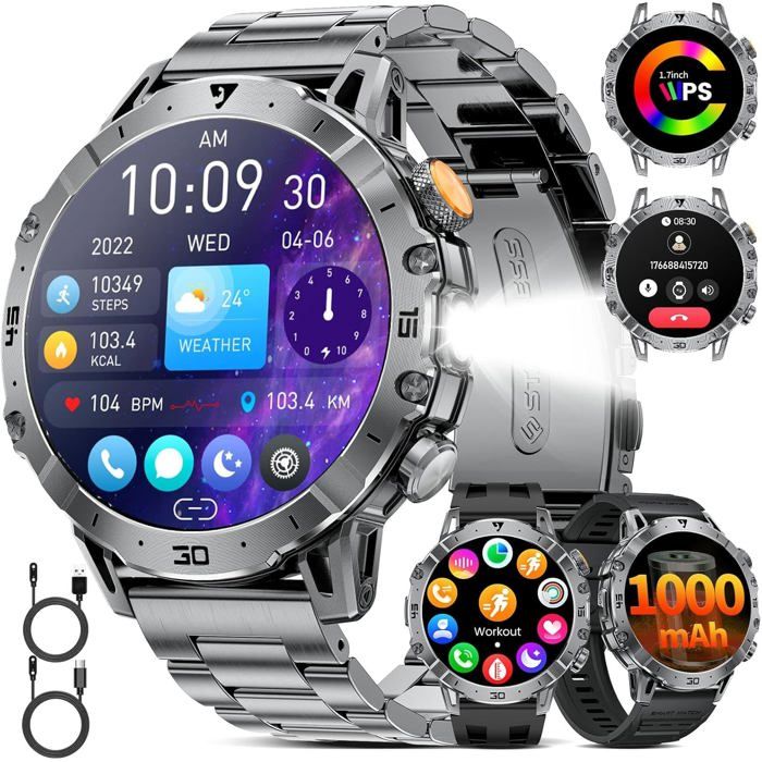 Montre Connectée Homme 1000Mah Longue Autonomie Batterie/1.7‘’ Grand Écran Avec Appels/Lampe De Poche/Ip68 Étanche Fréquence Cardi