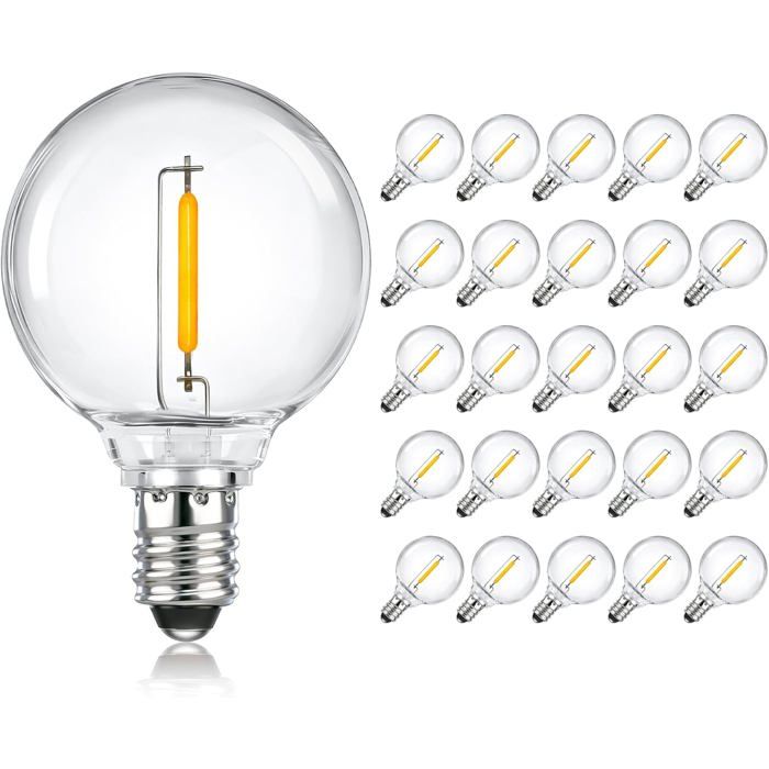 Lot de 25 ampoules LED G40 E12 1 W 2700 K IP54 extérieur forme ronde en plastique pour guirlande lumineuse
