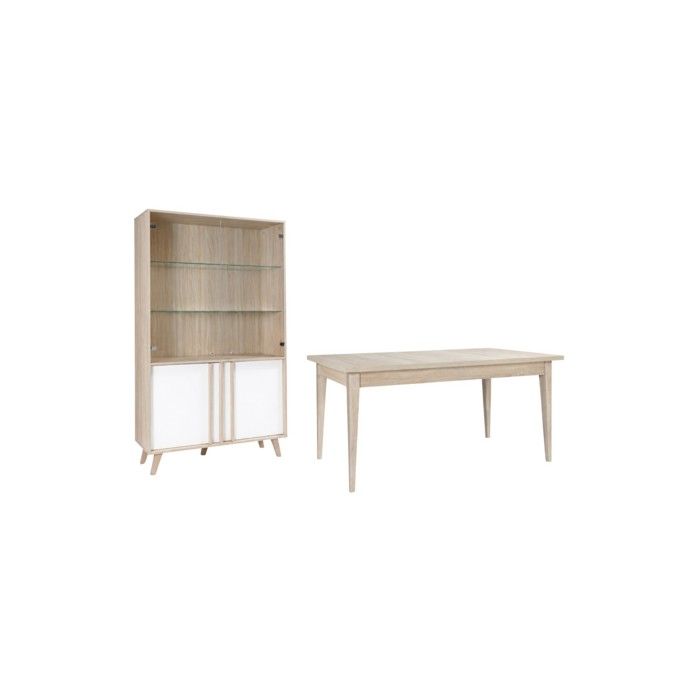 Salle à manger complète MALMO avec table 160 cm et vitrine LED – Chêne clair et blanc – Style scandinave Salle à manger complète MALMO avec table 160 cm et vitrine LED – Chêne clair et blanc – Style scandinave