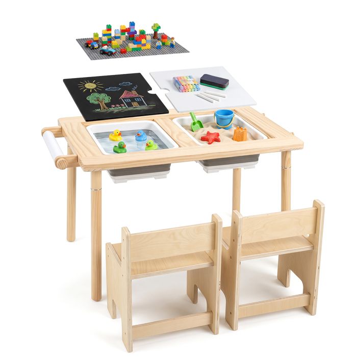 6-en-1 Ensemble Table et 2 Chaises Enfant-COSTWAY-Bois Hauteur Réglable avec 2 Plateaux de Construction &Crochets Table dActivités 6-en-1 Ensemble Table et 2 Chaises Enfant-COSTWAY-Bois Hauteur Réglable avec 2 Plateaux de Construction &Crochets Table dActivités