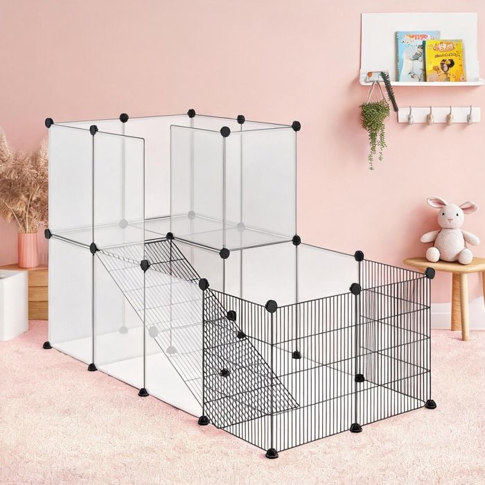 Parc intérieur pour lapins et rongeurs 27 panneaux acier et PP noir 2 niveaux 140 x 70 x 90 cm