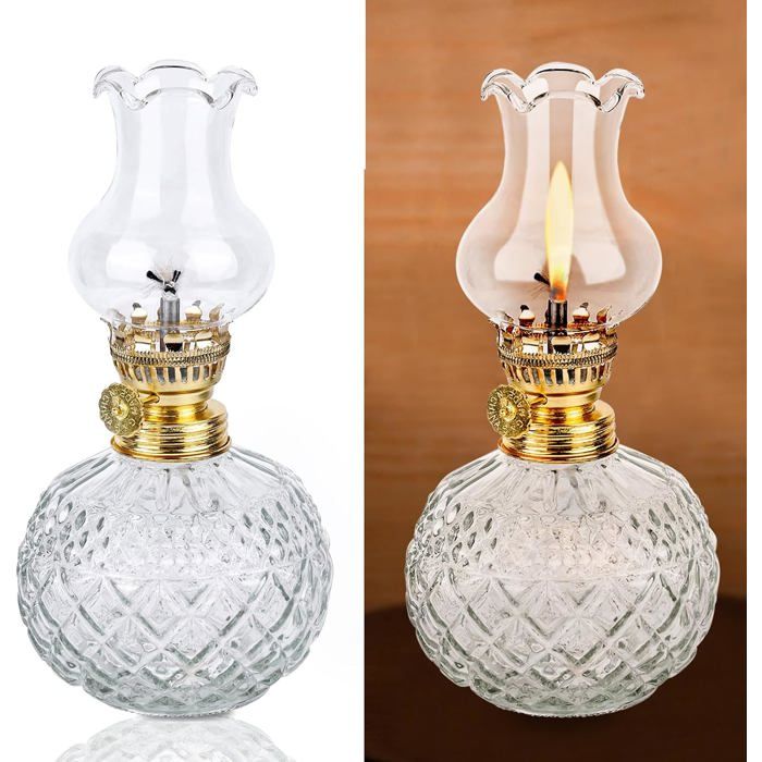 Lampe à Huile intérieur Lampe à Pétrole Vintage en Verre Transparent Luminosité Réglable Salle éclairage décoratif pratique