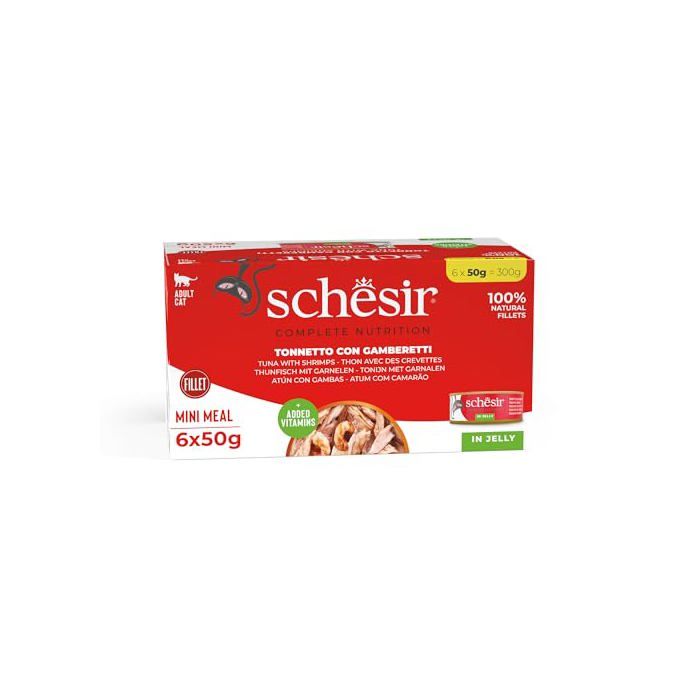 Pâtée - SCHESIR - Thon aux crevettes - 8x6x50g - 100% naturel - Oméga‑3/6 & taurine
