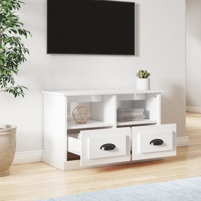 Meuble TV - AKOZON - 80x35x50 cm - Bois dingénierie - Blanc brillant - 2 tiroirs