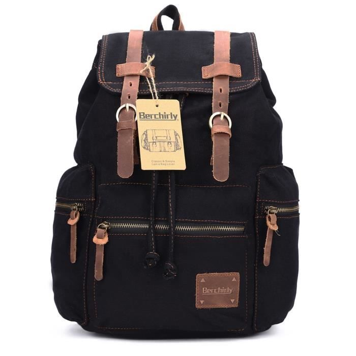 Sac Randonnee Retro Sac à dos, cuir toile Casual Vintage Sac à dos Rucksack Bookbag Sac ...