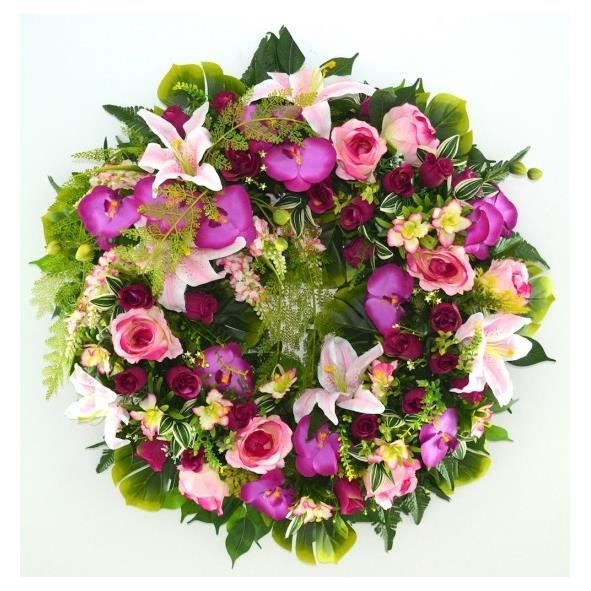 Magnifique couronne avec fleurs artificielles violette et rose avec roses  lys et orchidées pour cimetière et Toussaint FLEURS HAUTE - Cdiscount Maison